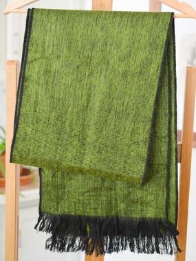 Artisan Heathered Green Alpaca and Wool Scarf with Black Fringe